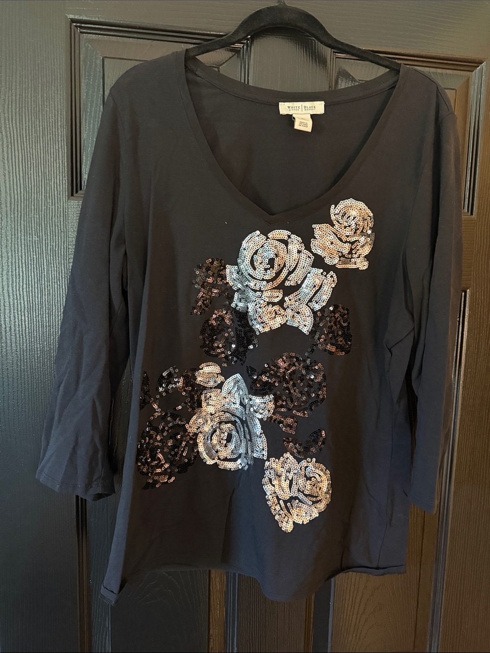 Whbm Black Sequin Floral V-Neck Women’s Top